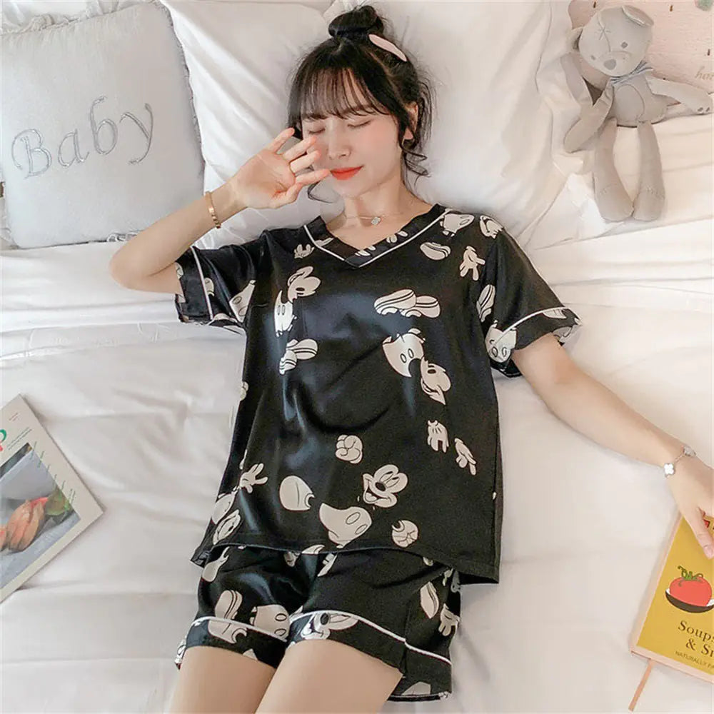 2022 Summer Women's Silk Cartoon Pajama Set