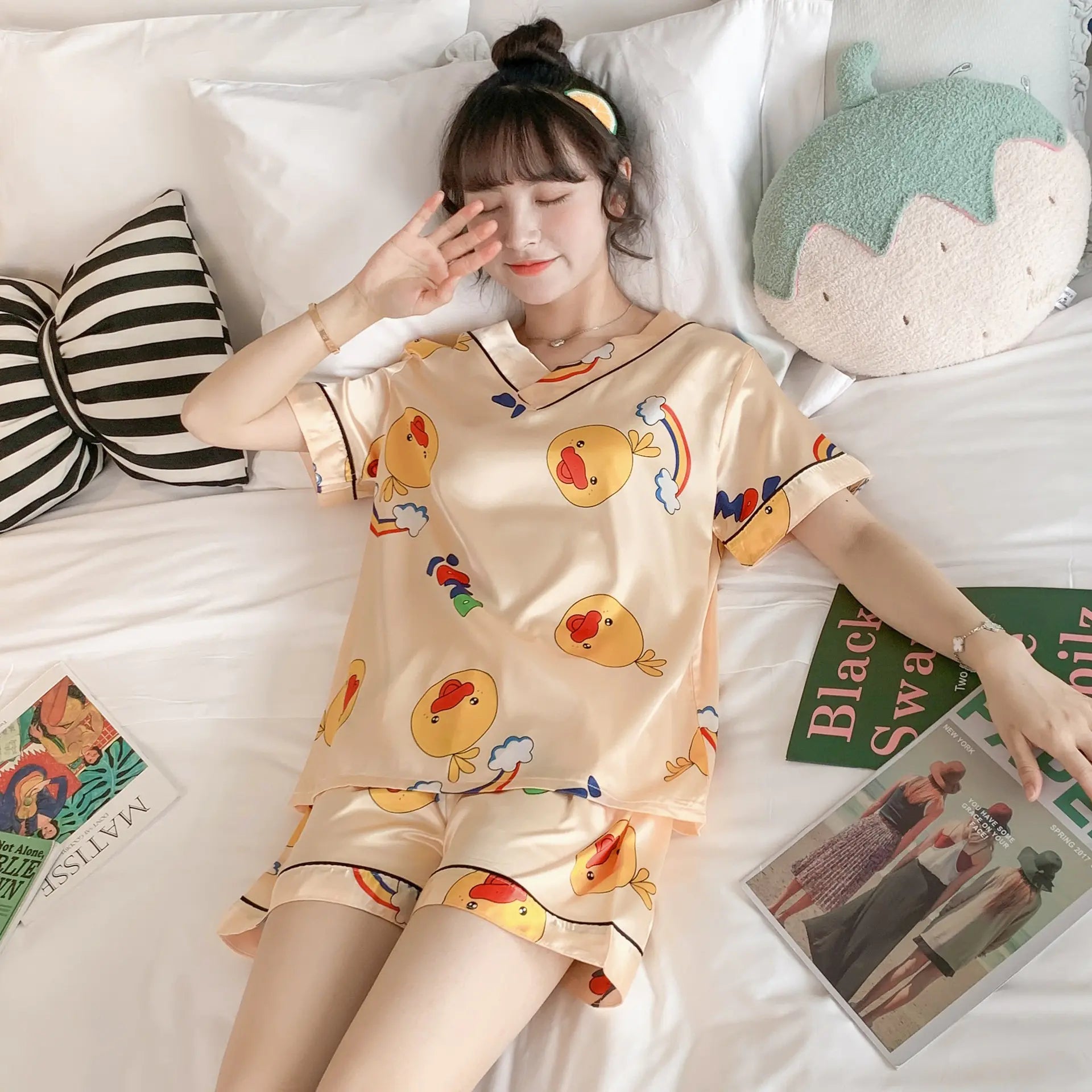 2022 Summer Women's Silk Cartoon Pajama Set