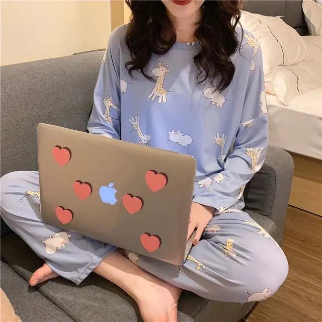 Cute Cartoon Print Long-Sleeved Women's Pajama Set