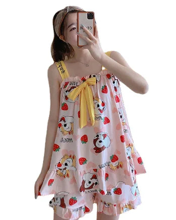 Summer Women's Cute Loose Silk Pajama Set with Winnie Bear