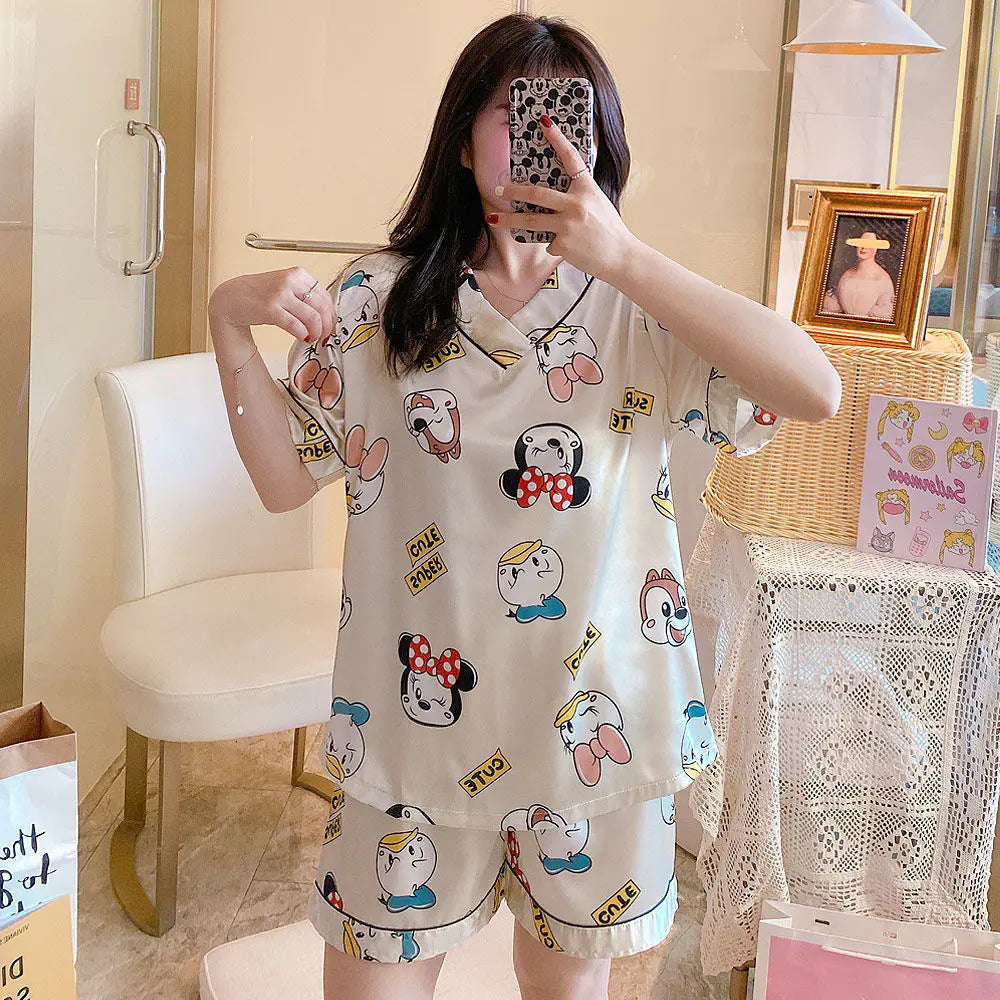 2022 Summer Women's Silk Cartoon Pajama Set