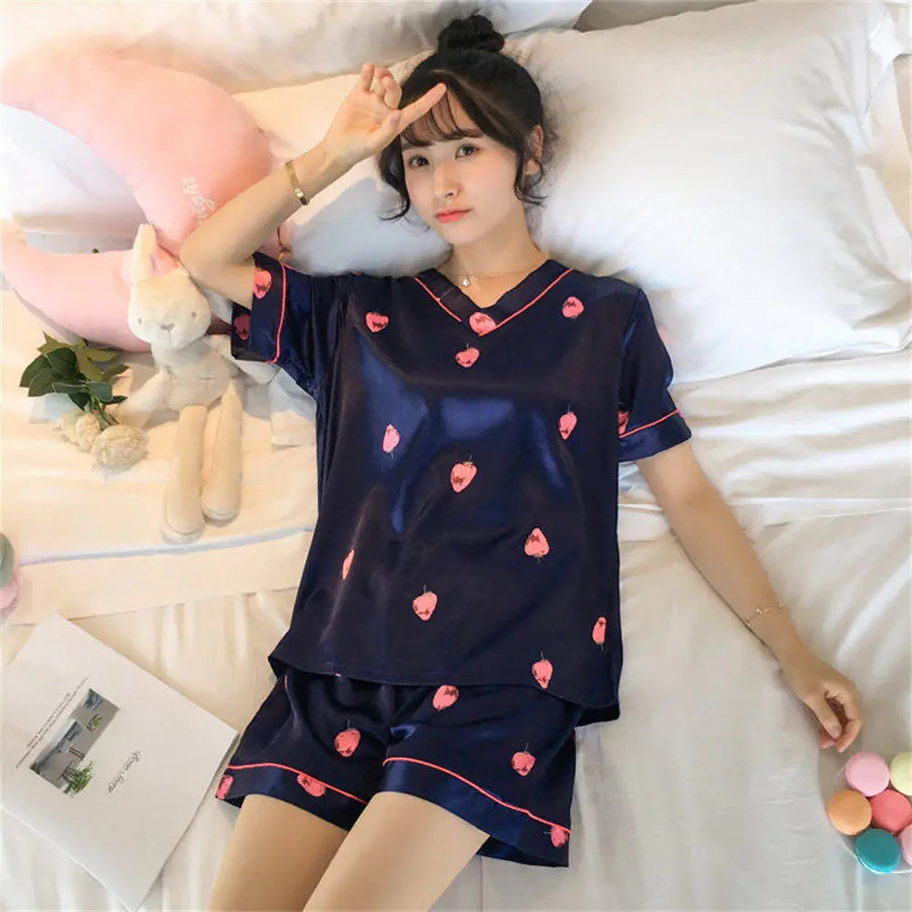 2022 Summer Women's Silk Cartoon Pajama Set