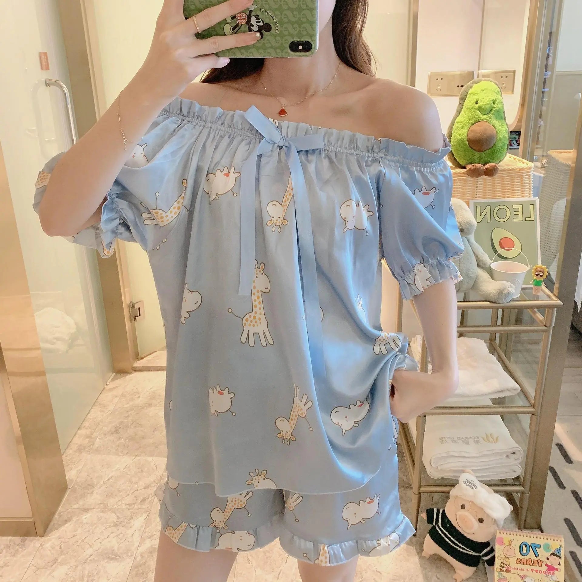 Summer Women's Cute Loose Silk Pajama Set with Winnie Bear