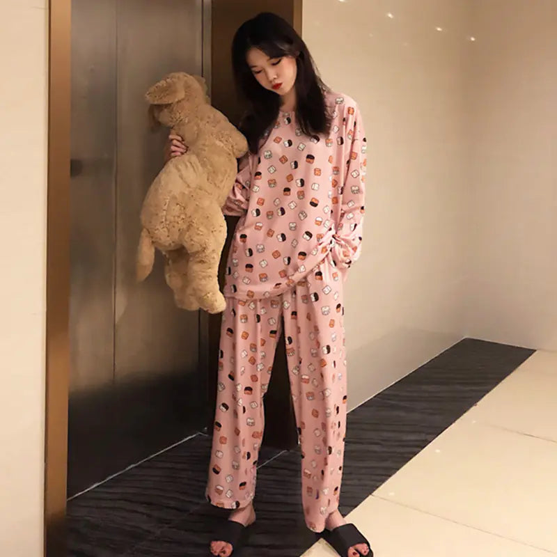 Cute Cartoon Print Long-Sleeved Women's Pajama Set