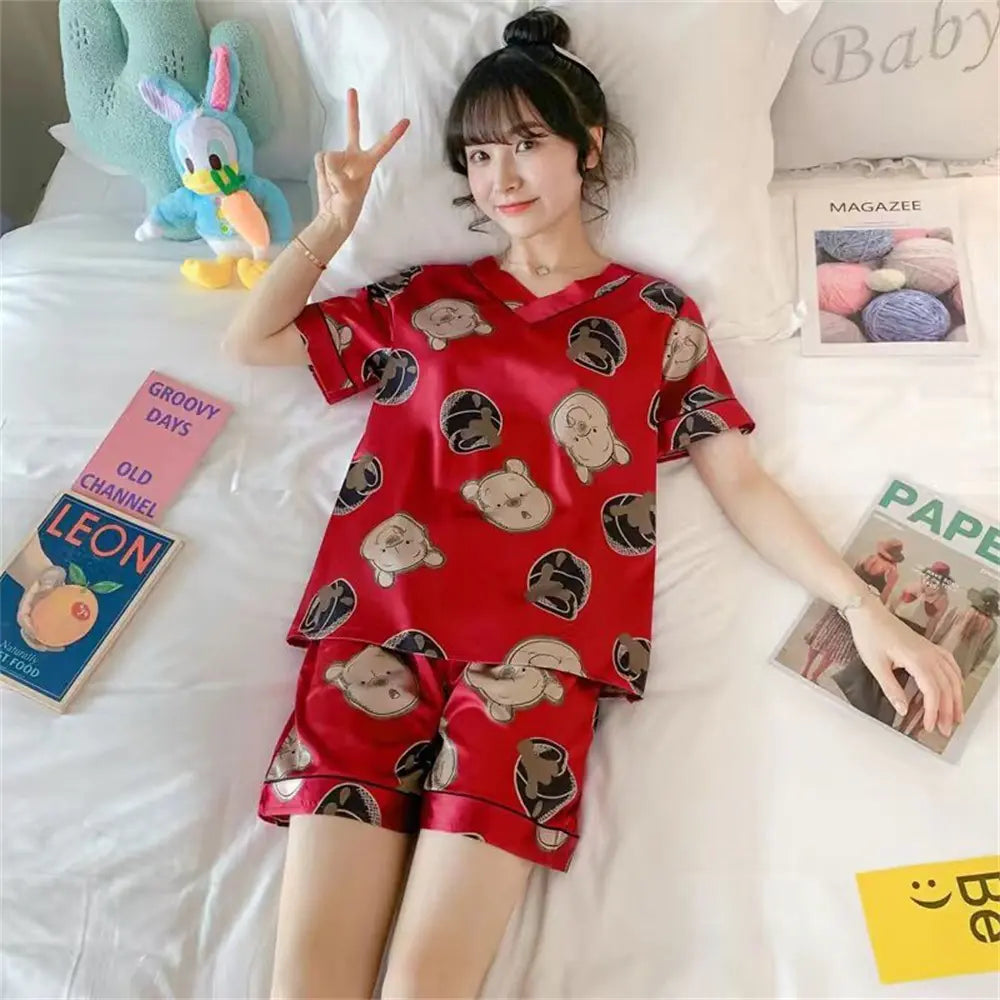 2022 Summer Women's Silk Cartoon Pajama Set