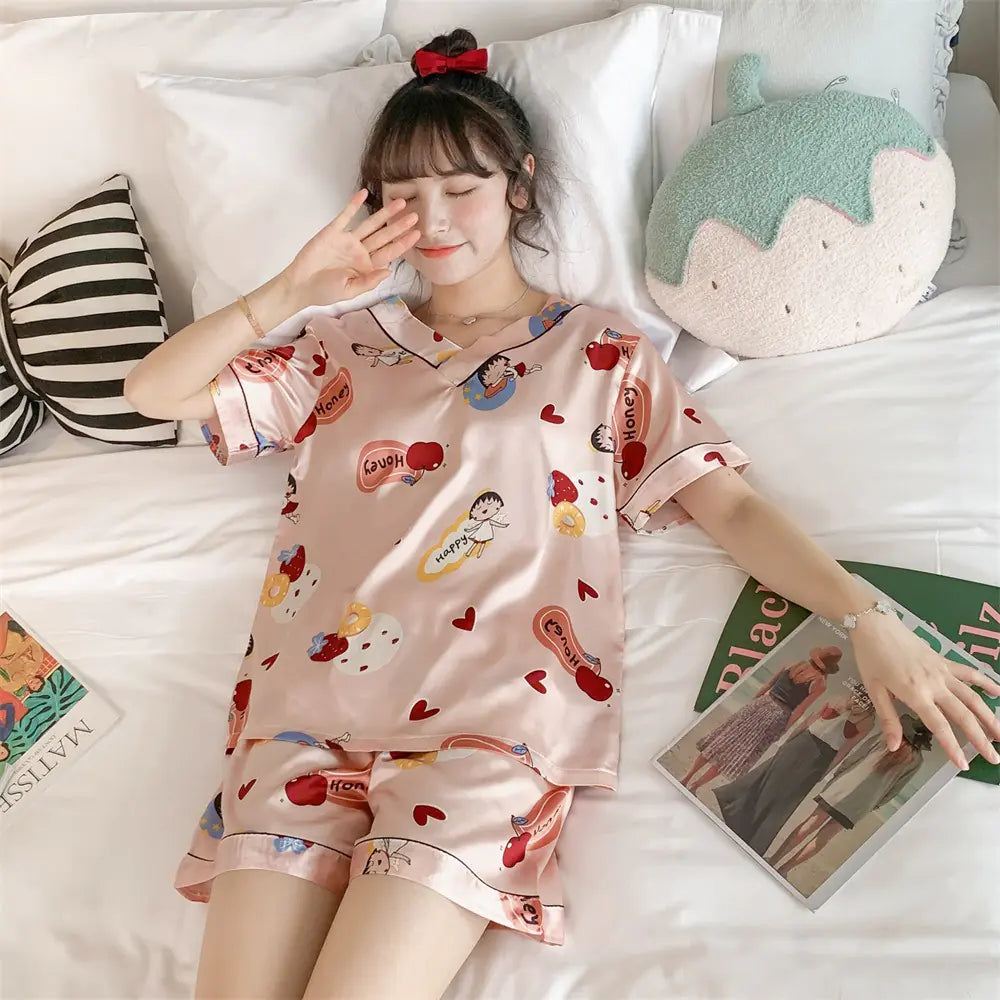 2022 Summer Women's Silk Cartoon Pajama Set