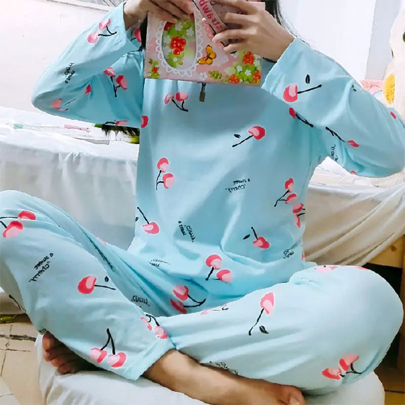 Cute Cartoon Print Long-Sleeved Women's Pajama Set