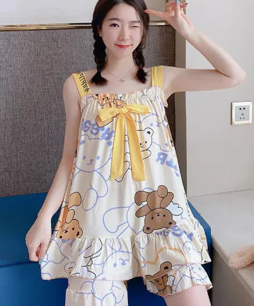Summer Women's Cute Loose Silk Pajama Set with Winnie Bear