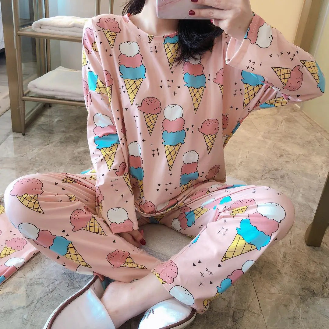 Cute Cartoon Print Long-Sleeved Women's Pajama Set