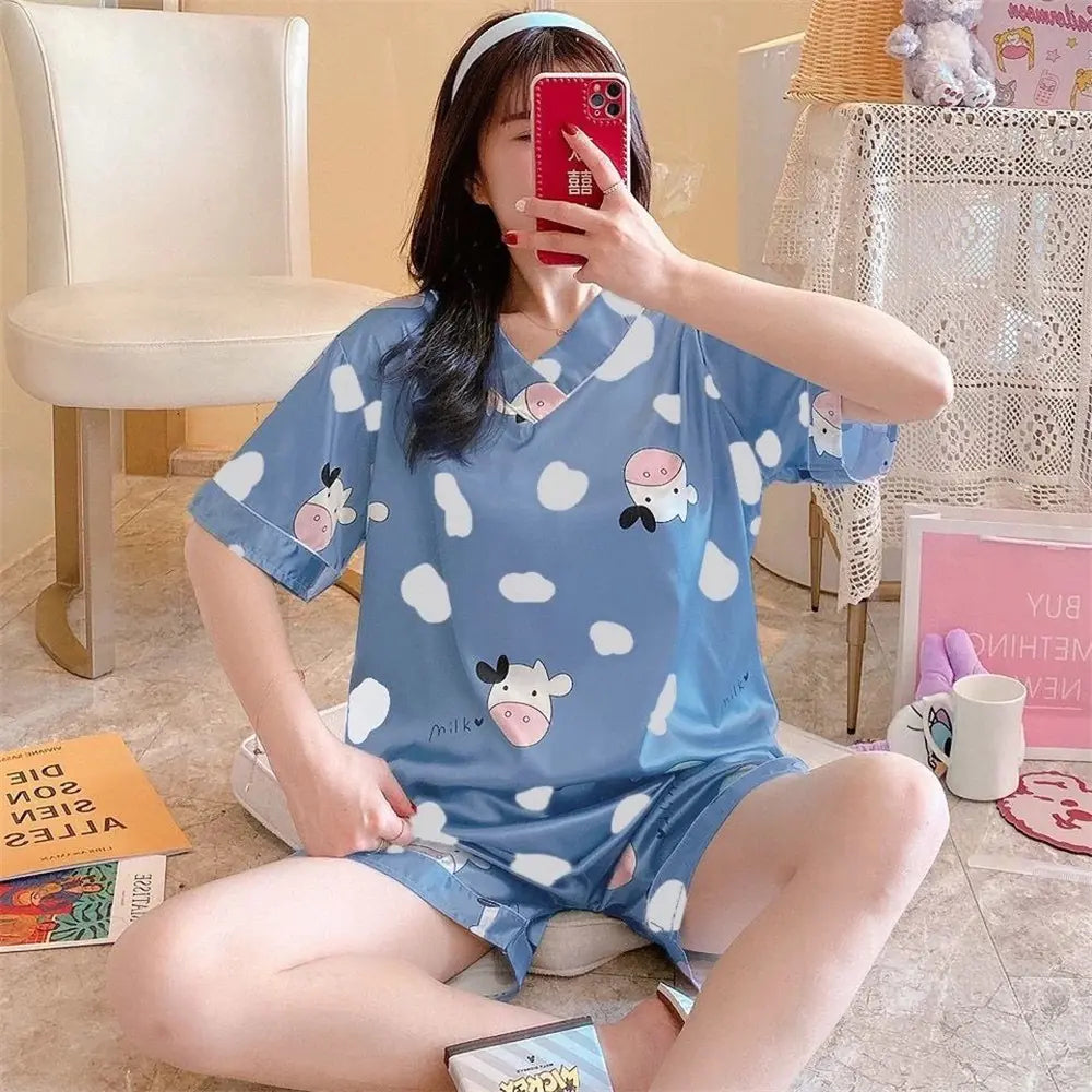 2022 Summer Women's Silk Cartoon Pajama Set