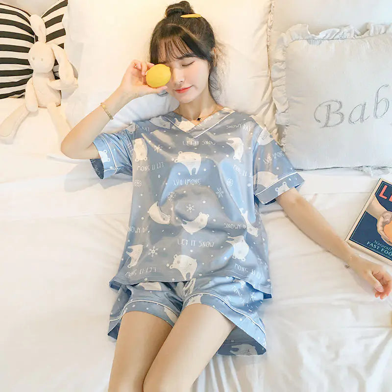 2022 Summer Women's Silk Cartoon Pajama Set