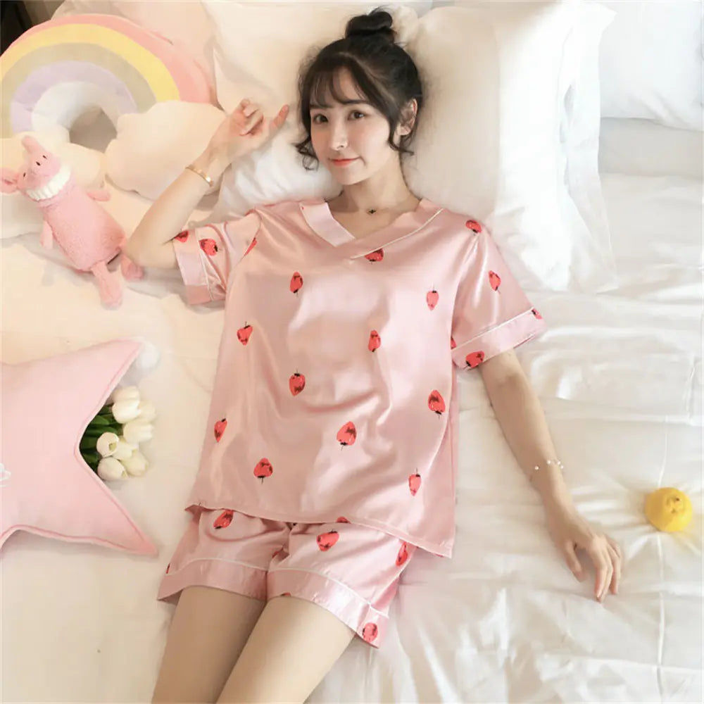 2022 Summer Women's Silk Cartoon Pajama Set