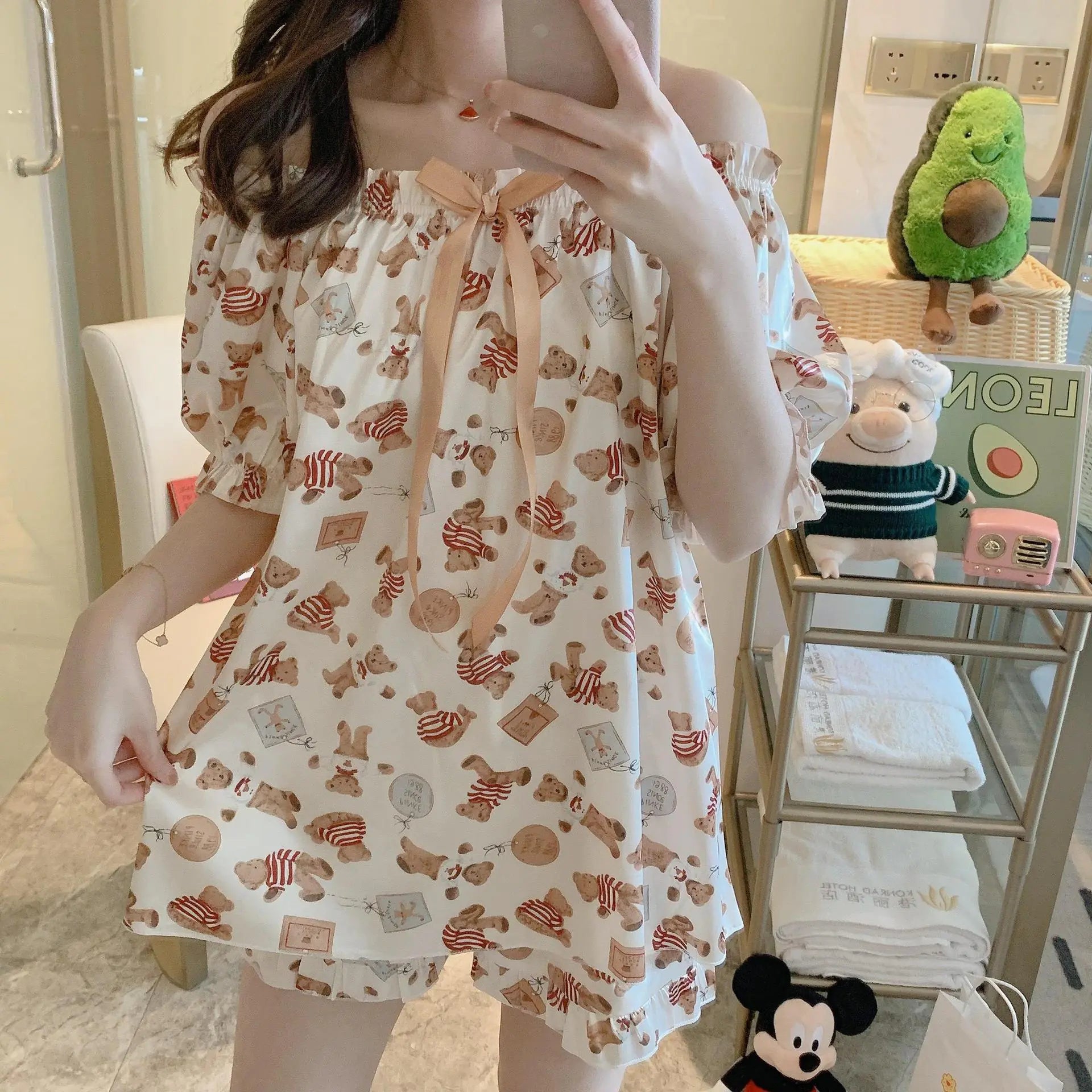 Summer Women's Cute Loose Silk Pajama Set with Winnie Bear