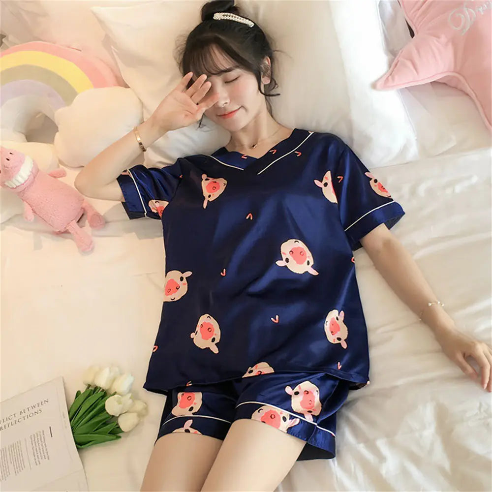 2022 Summer Women's Silk Cartoon Pajama Set