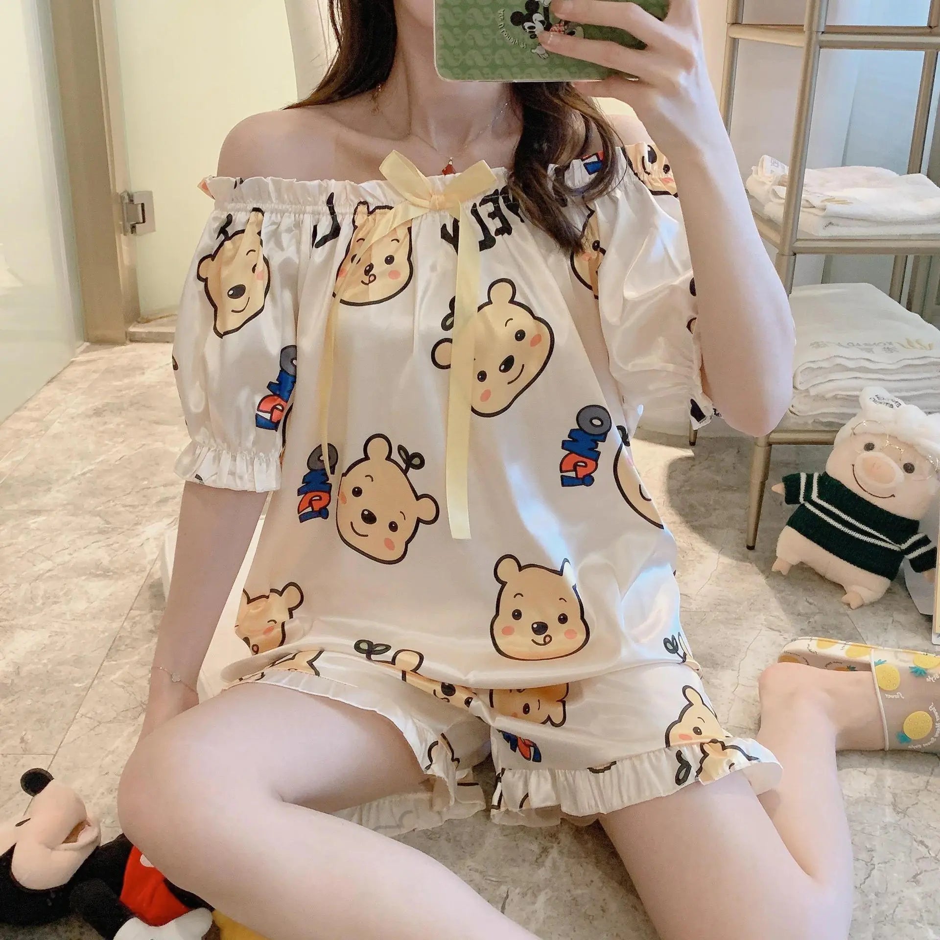 Summer Women's Cute Loose Silk Pajama Set with Winnie Bear