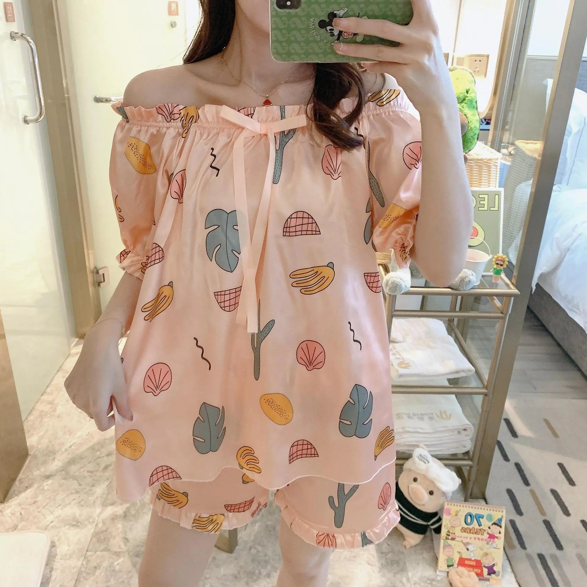 Summer Women's Cute Loose Silk Pajama Set with Winnie Bear