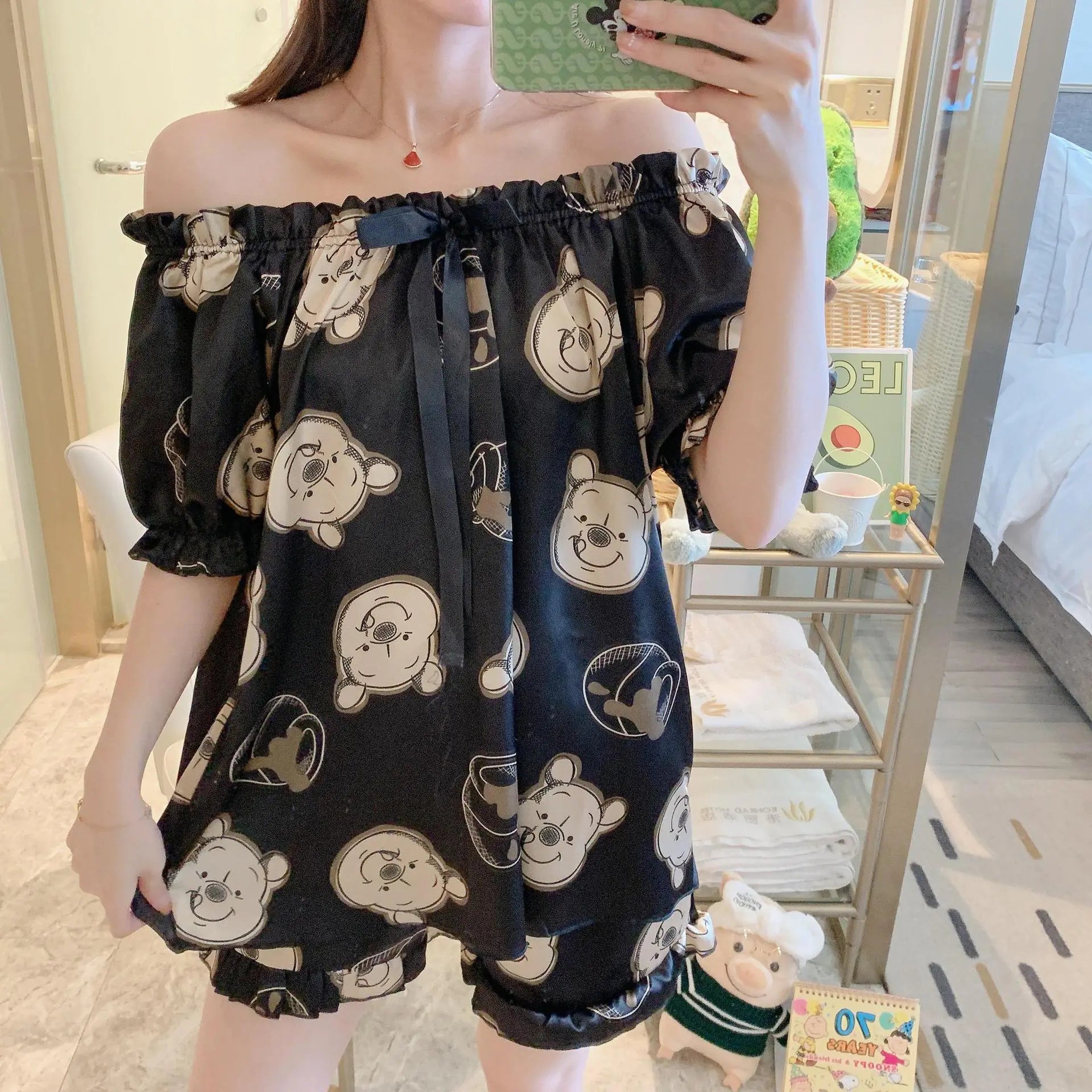 Summer Women's Cute Loose Silk Pajama Set with Winnie Bear