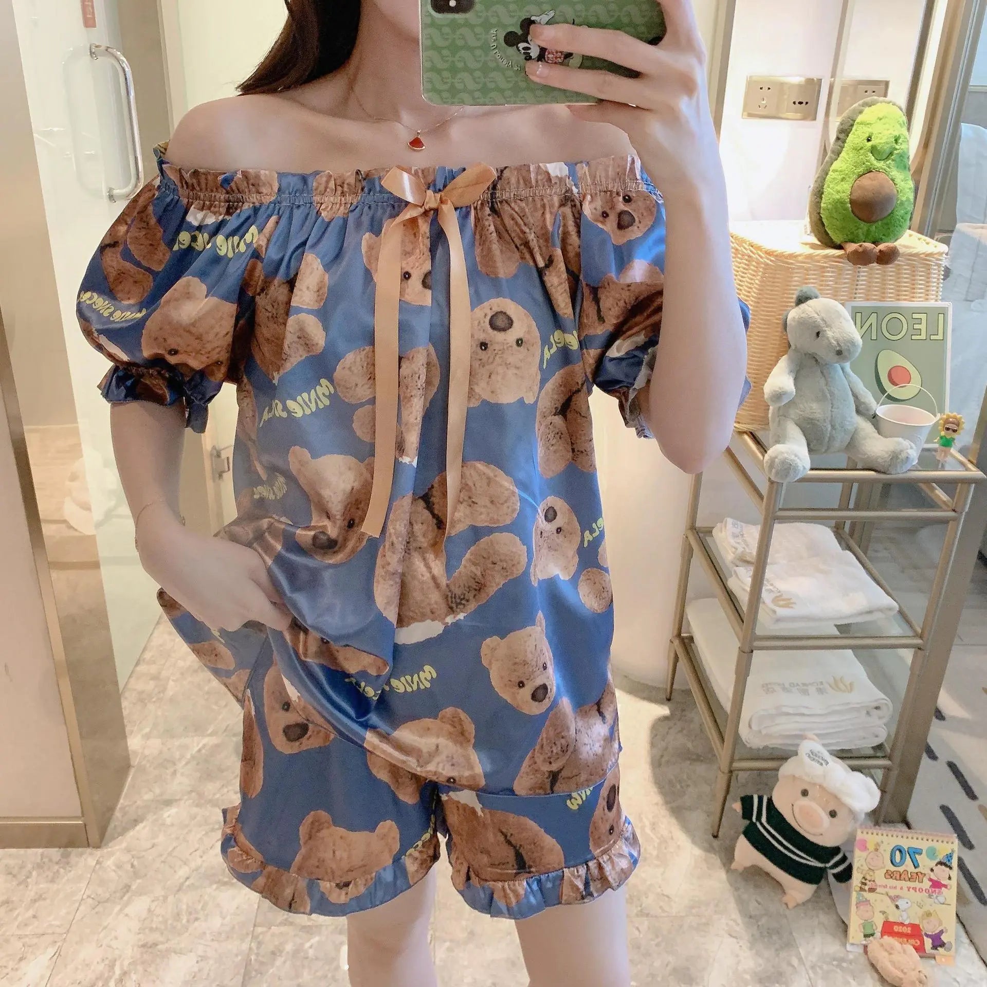 Summer Women's Cute Loose Silk Pajama Set with Winnie Bear