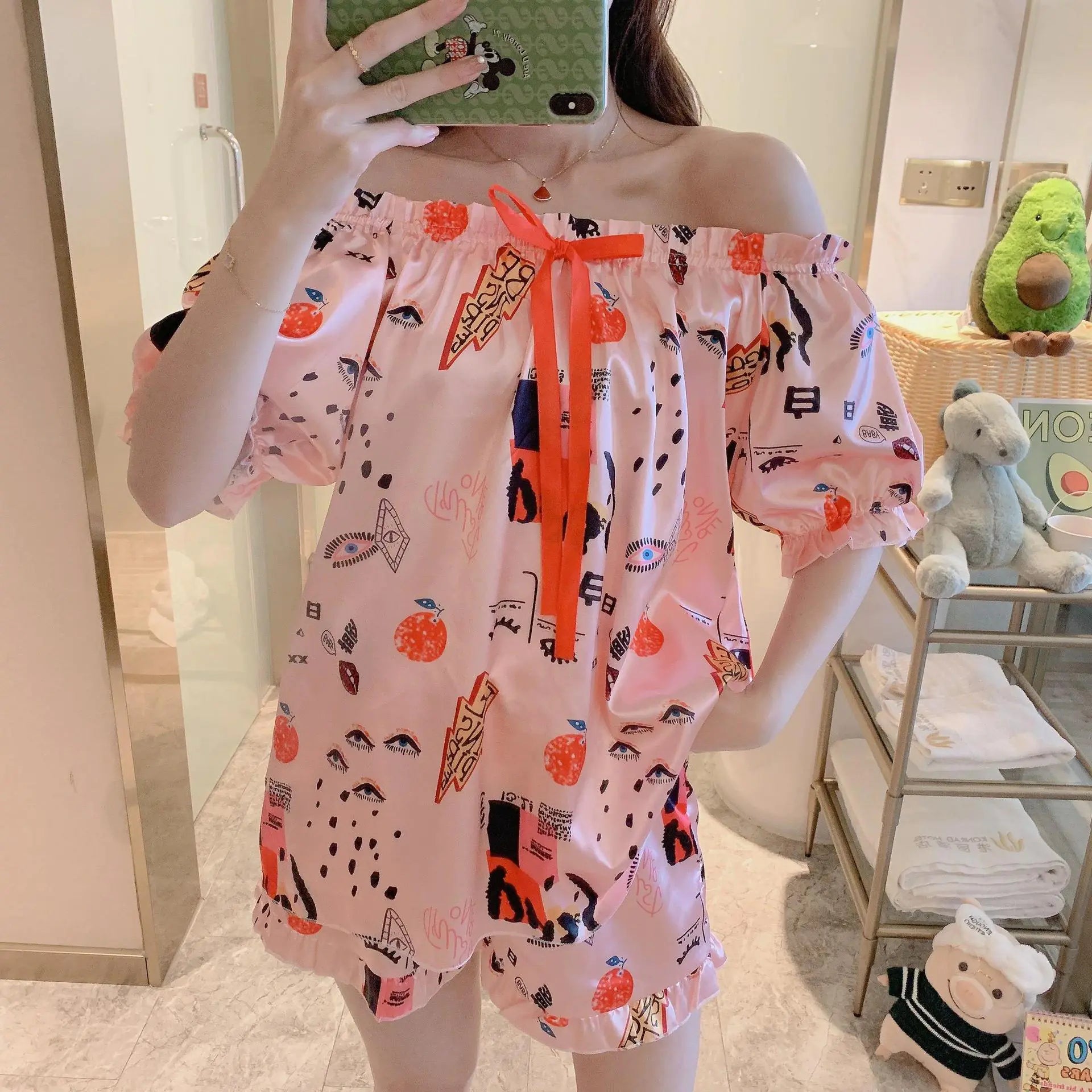 Summer Women's Cute Loose Silk Pajama Set with Winnie Bear