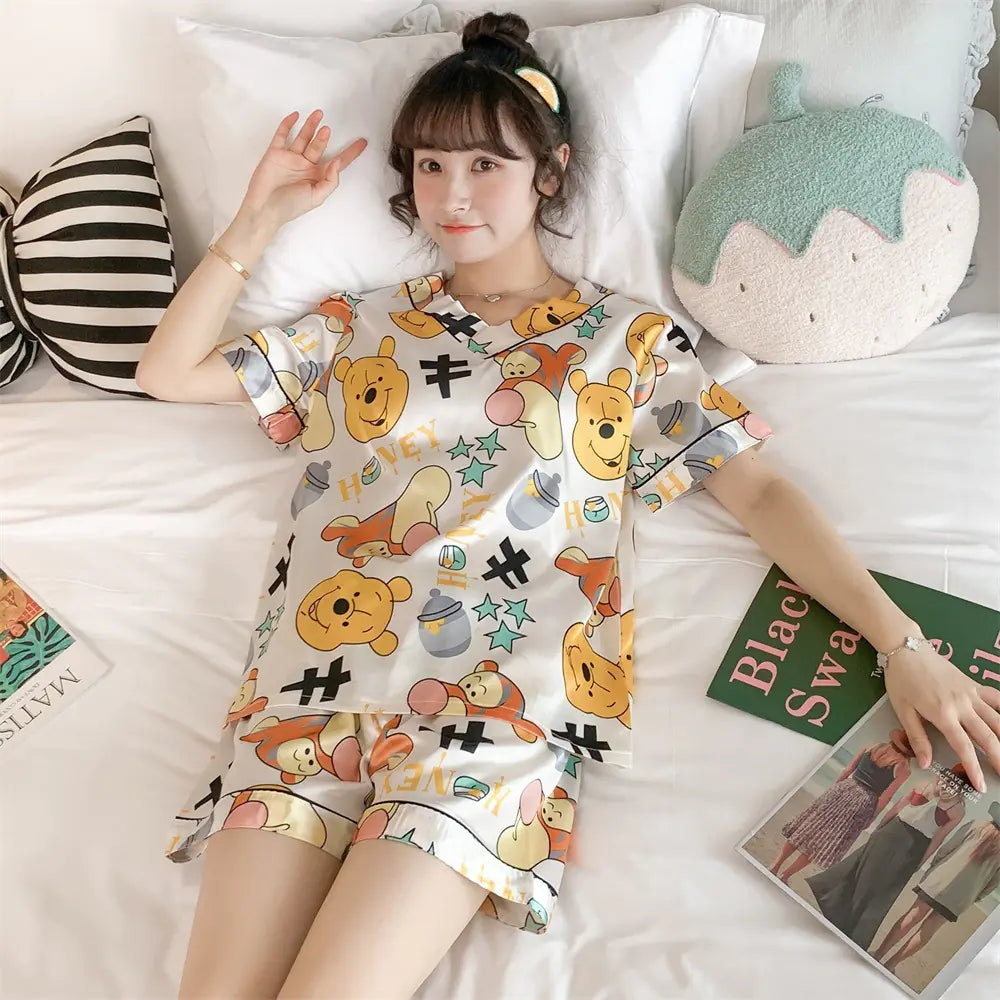 2022 Summer Women's Silk Cartoon Pajama Set