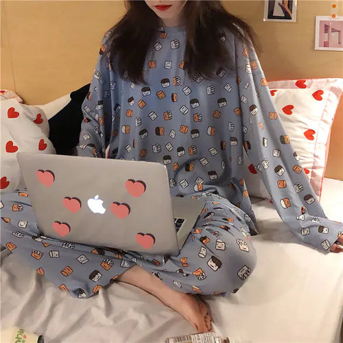 Cute Cartoon Print Long-Sleeved Women's Pajama Set