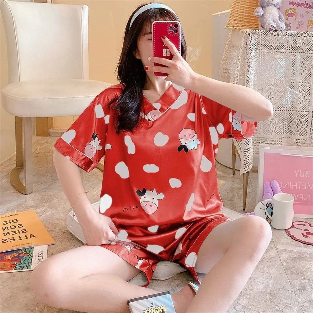 2022 Summer Women's Silk Cartoon Pajama Set